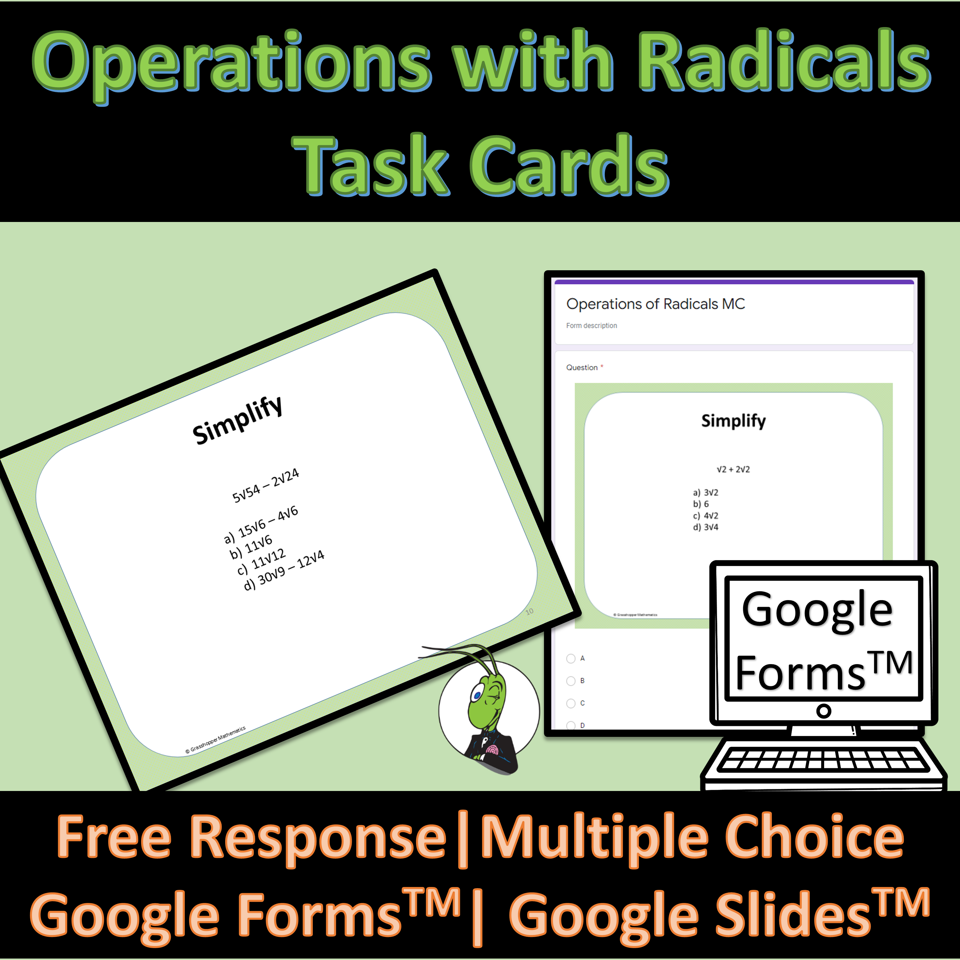 Operations of Radicals Algebra 1 Task Cards | Google Slides and Forms