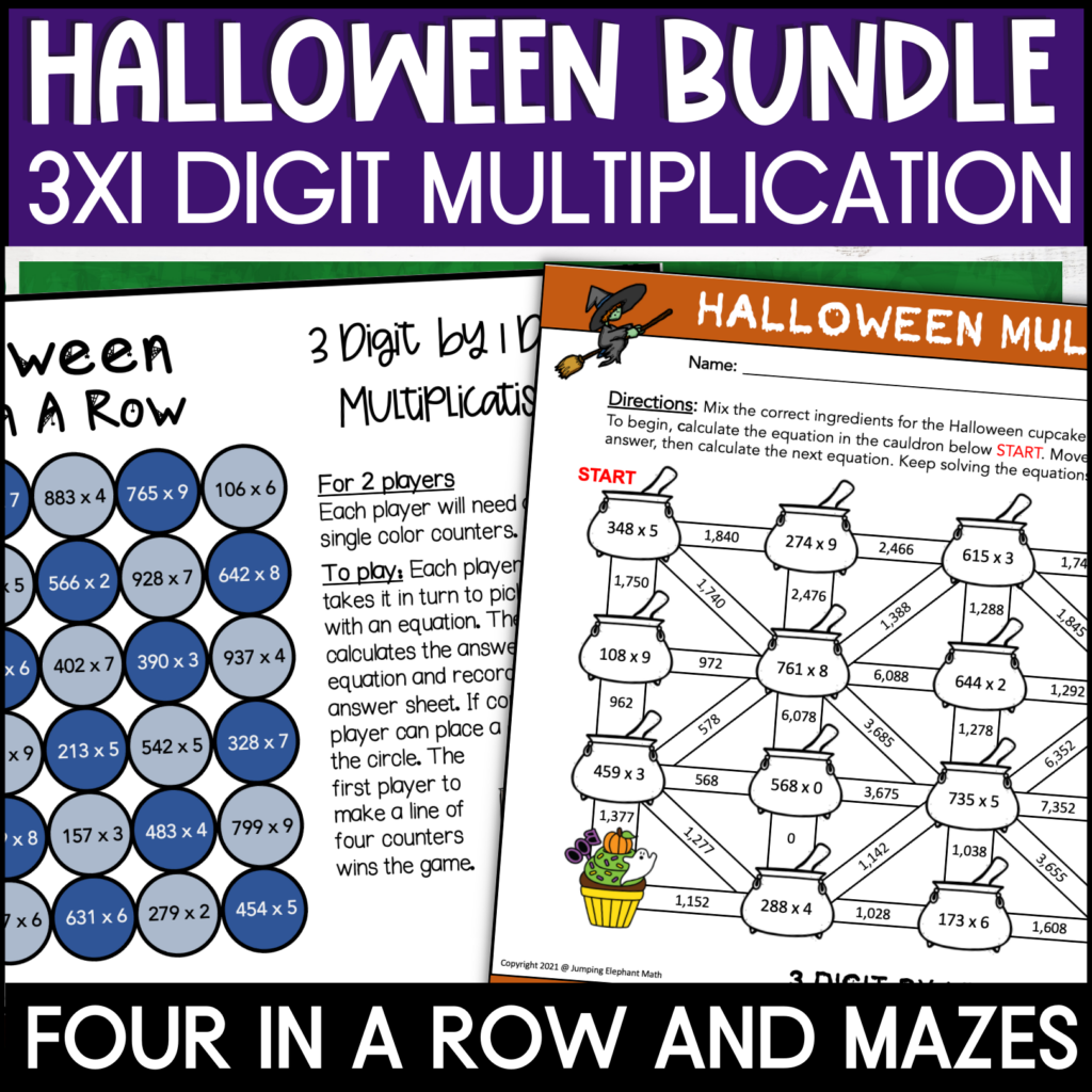 Halloween 3 Digit by 1 Digit Multiplication Four in A Row and Math ...