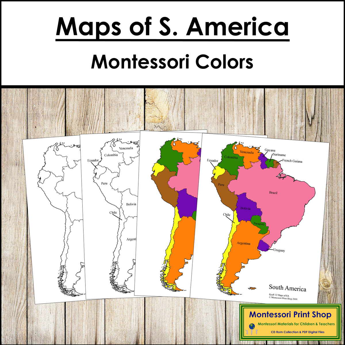 Maps of South America (Control & Blackline Masters) - Montessori color-code