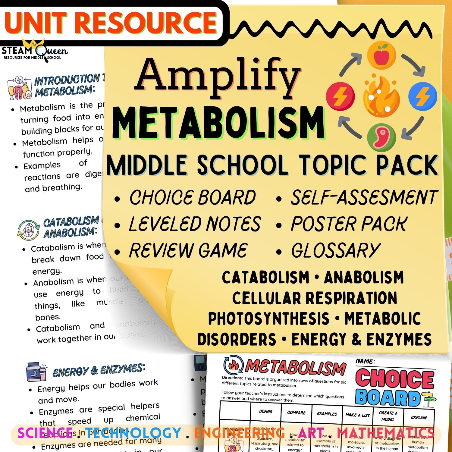 Metabolism Cellular Respiration Unit Pack: Choice Board Notes Glossary Game and More! SWD Support