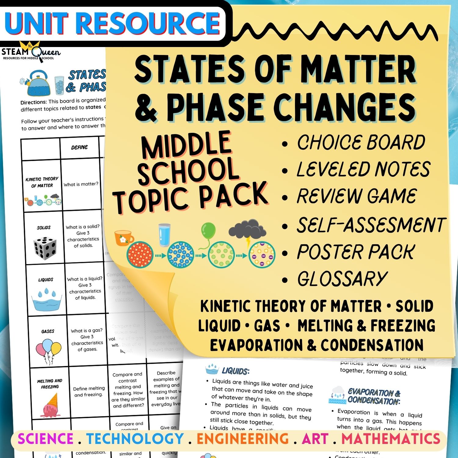 States of Matter Phase Changes Unit Pack: Choice Board Notes Glossary Game and More! Middle School
