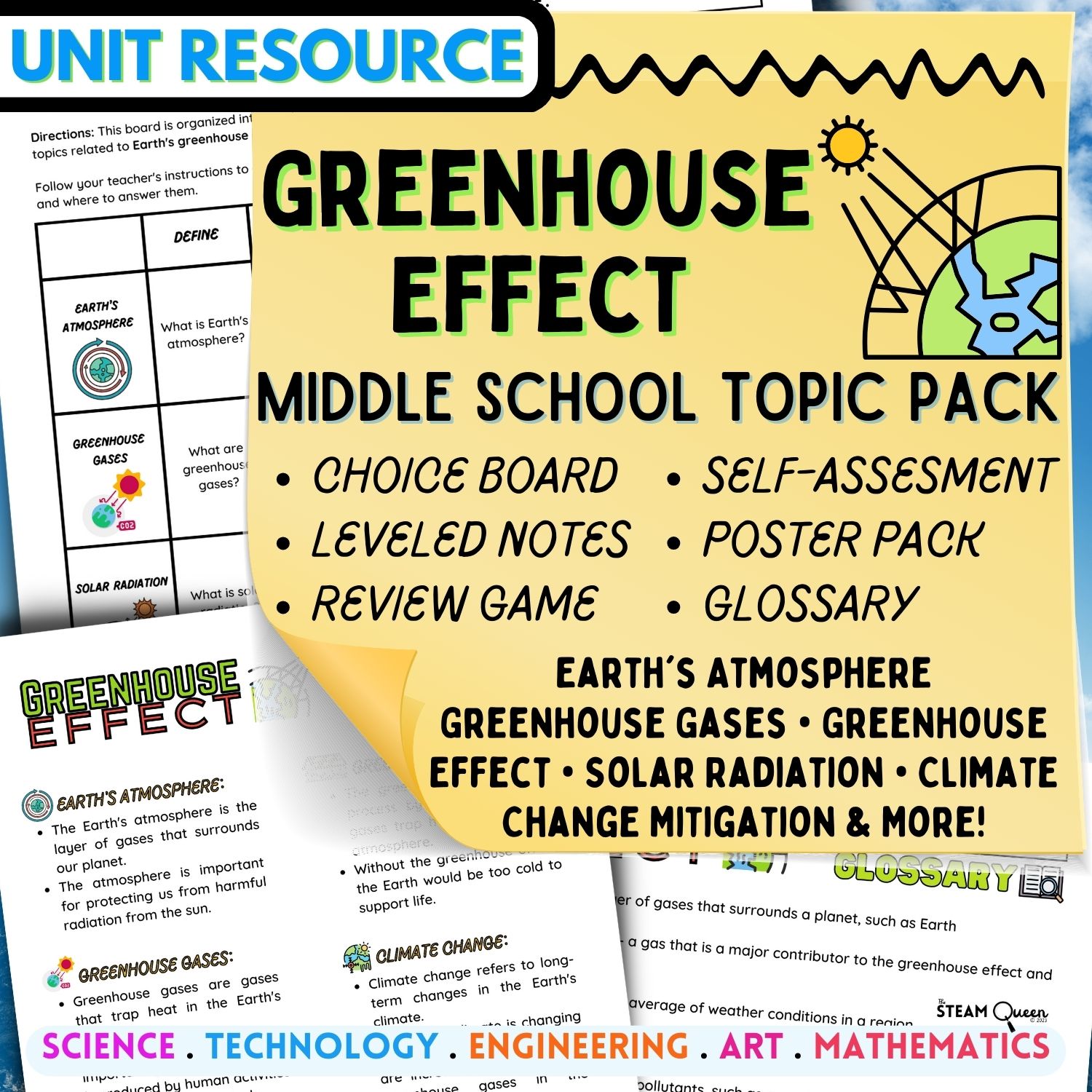 Greenhouse Effect Unit: Choice Board Notes Glossary Self-Assessment Game & More! SWD