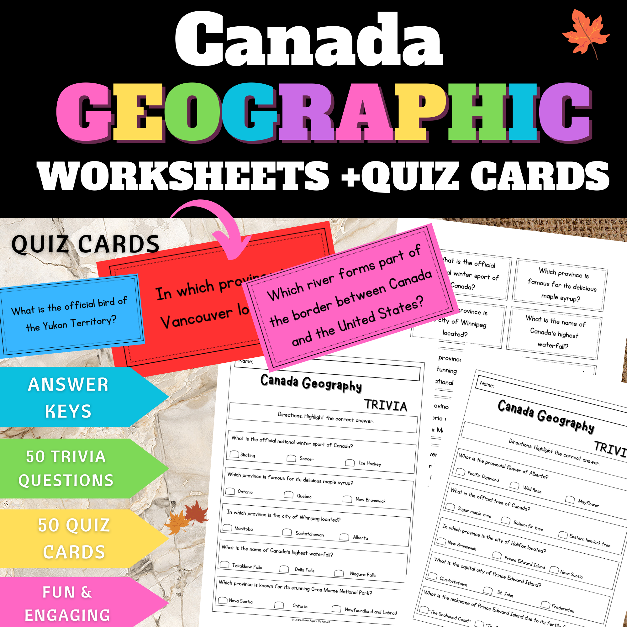 Canadian Geography Worksheets - Canadian Geography Trivia & Quiz Cards Printables