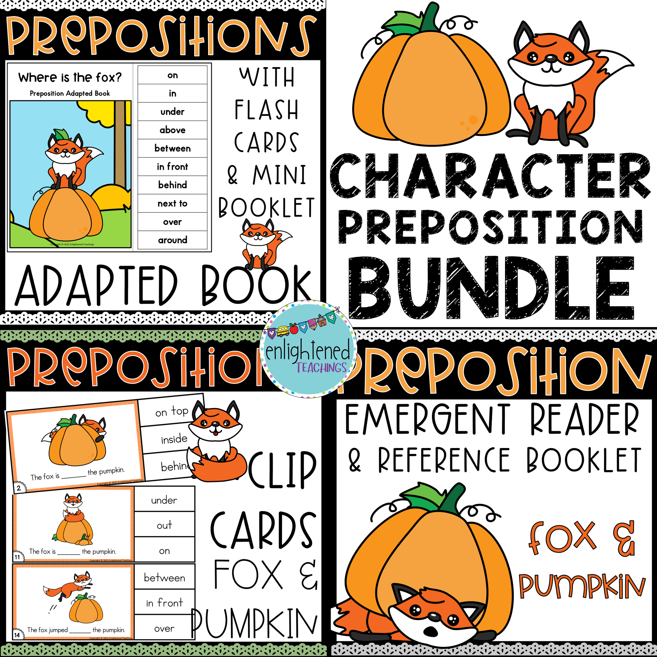 FOX Fall Prepositions Activity BUNDLE Adapted Book, Clip Cards, Emergent Reader