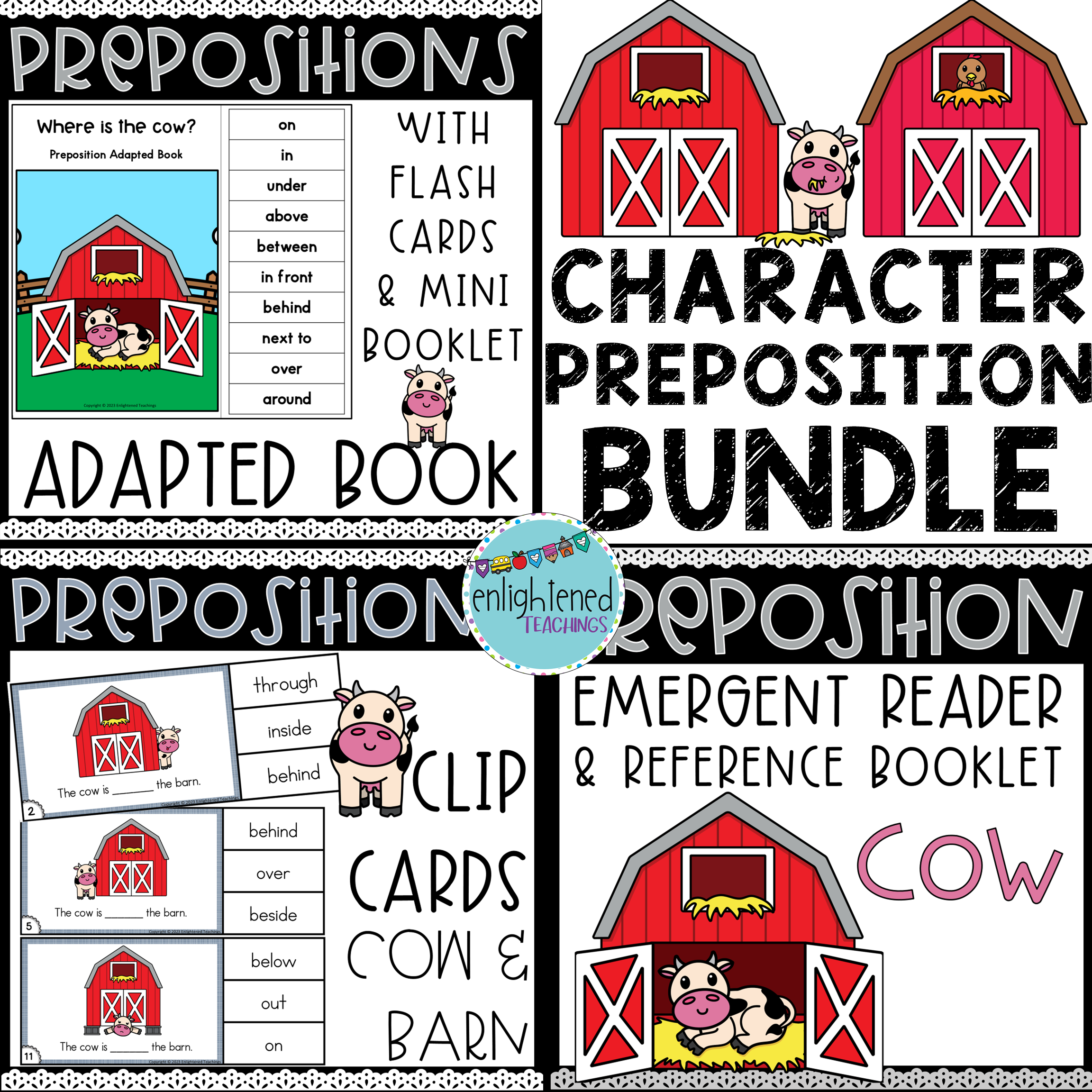 COW Farm Prepositions Activity BUNDLE Adapted Book, Clip Cards, Emergent Reader