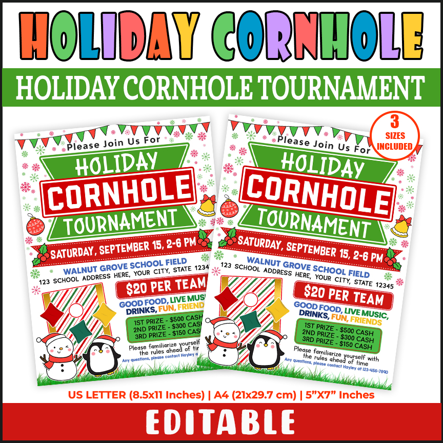 Customizable Holiday Cornhole Tournament Flyer Template, Holiday Fundraiser Poster Invite