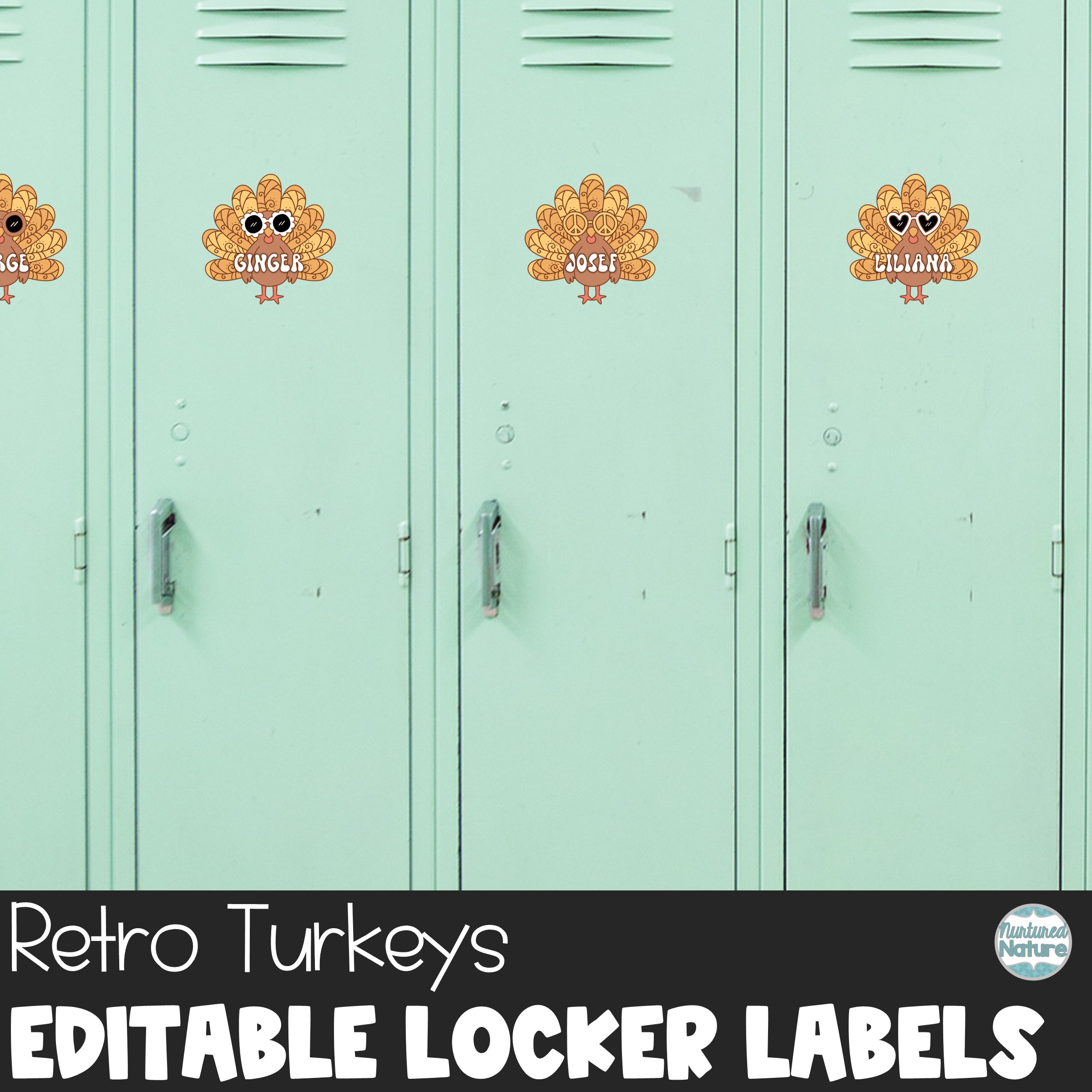 Thanksgiving Name Tags - Editable Locker Labels or Cubby Tags - Retro Turkeys