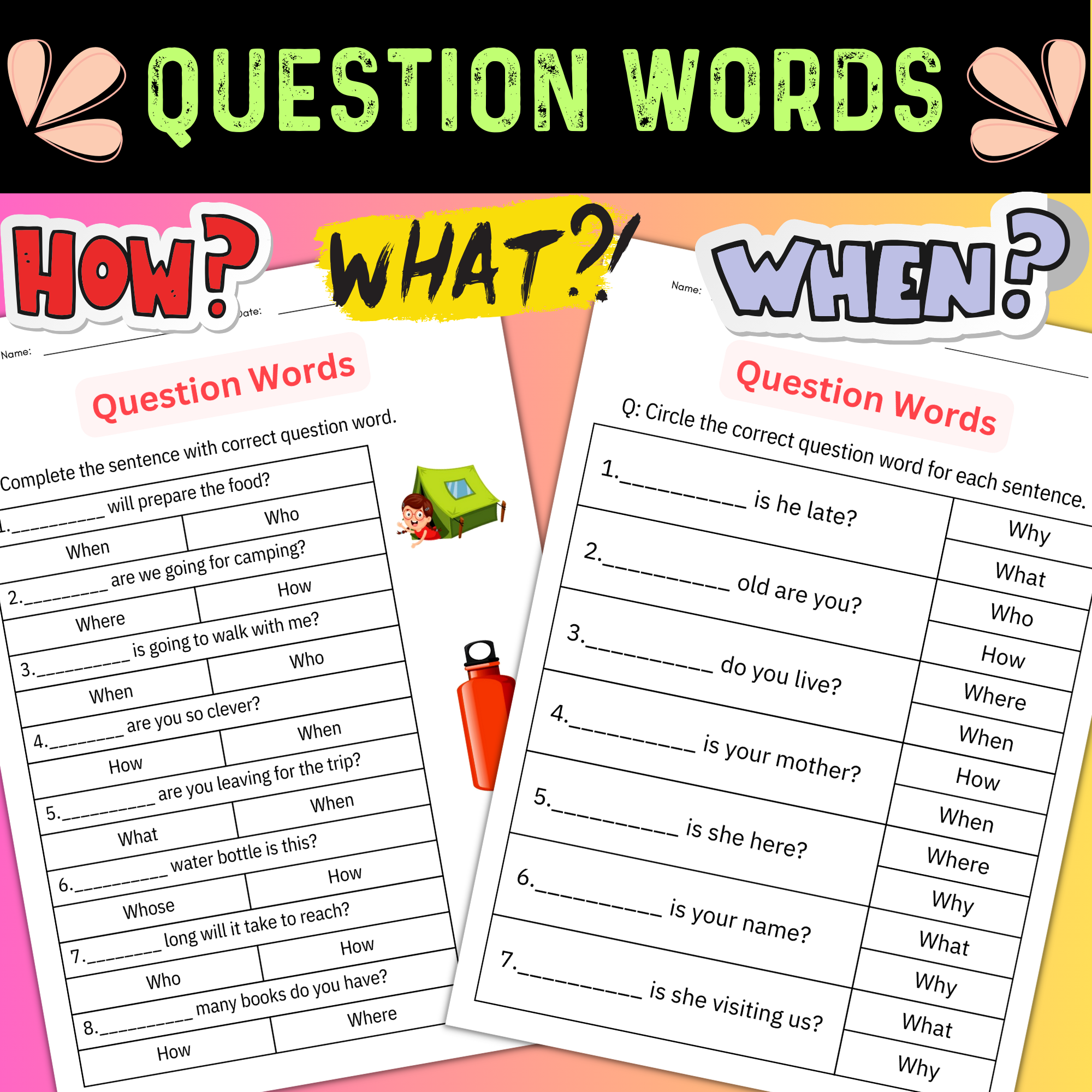 Printable Question Words Practice Worksheets - Writing Questions for Grade 1, 2