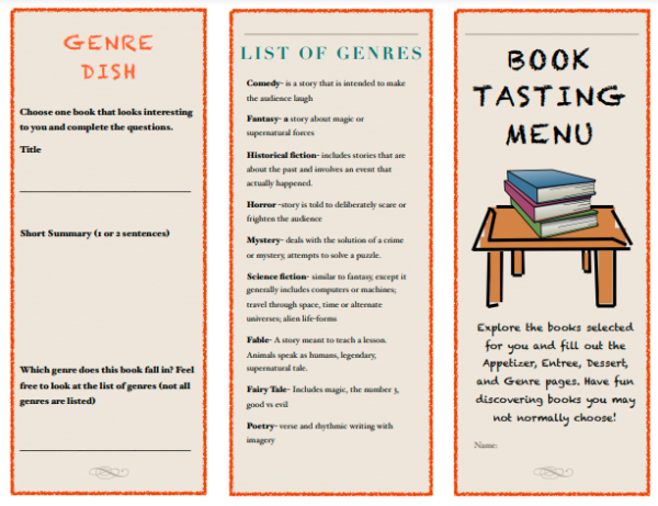 Book Tasting Genre Menu library reading and book promotion brochure ...
