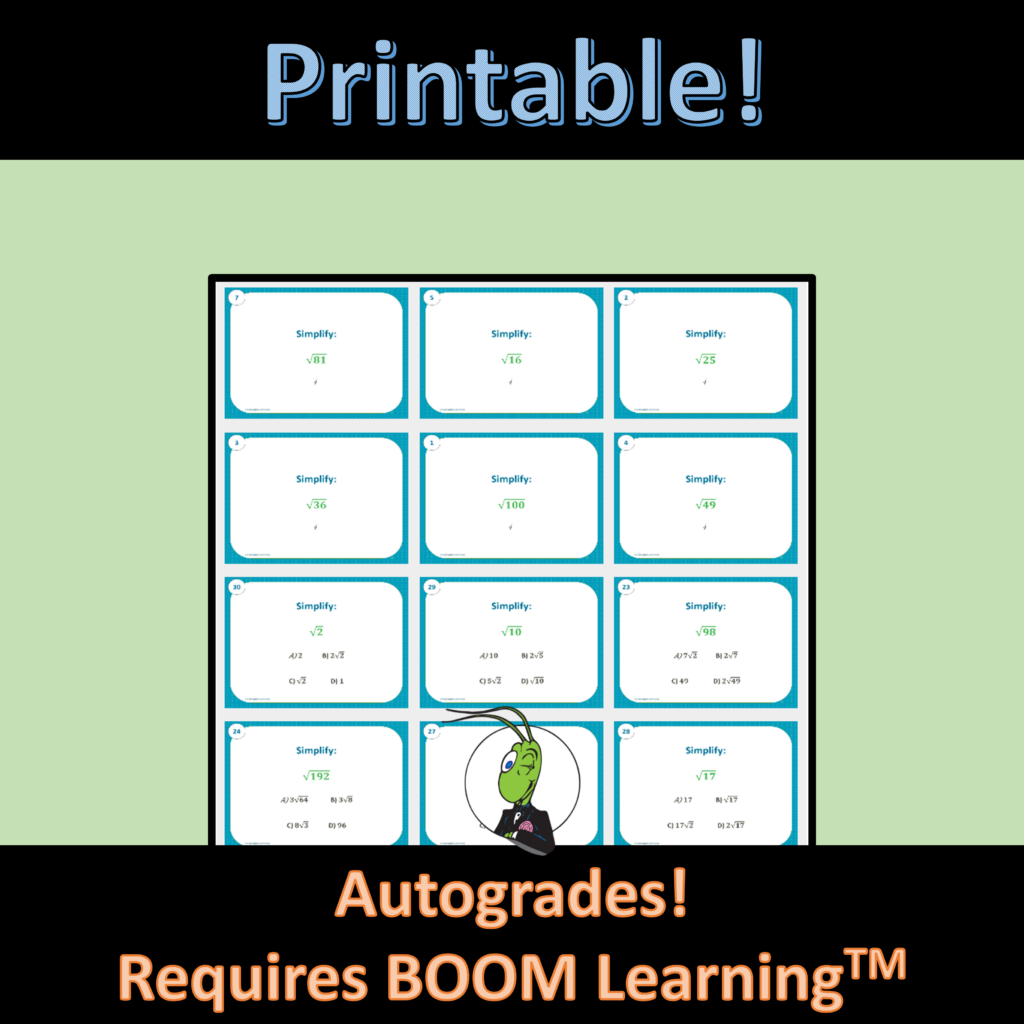 Simplifying Radicals Algebra 1 Boom Task Cards | Made By Teachers