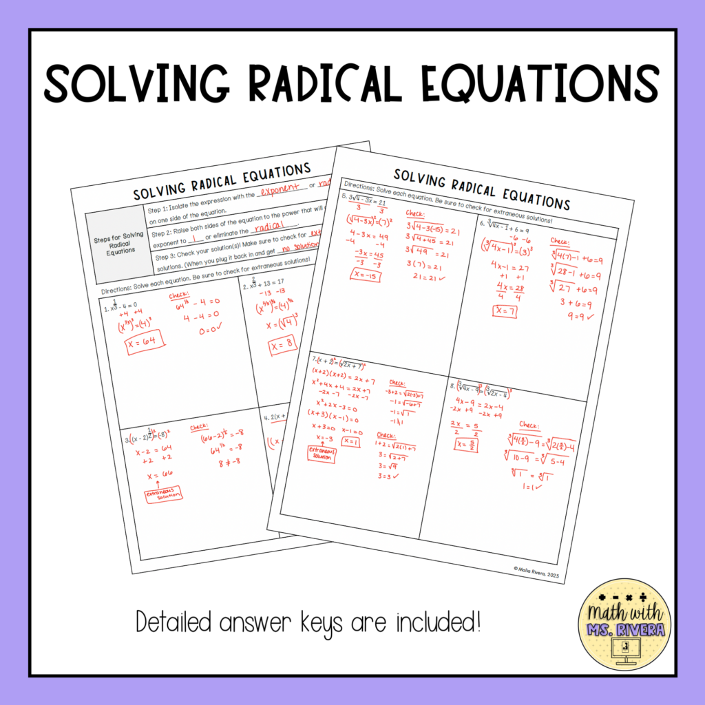 Solving Radical Equations Guided Notes Algebra 2 - Made By Teachers