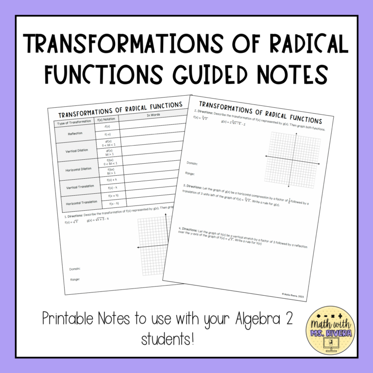 Transformations of Radical Functions Guided Notes for Algebra 2 | Made ...