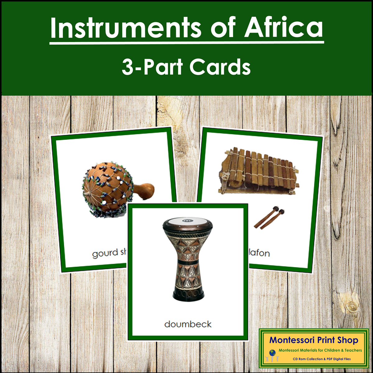 Musical Instruments of Africa 3-Part Cards (color borders) - Continent Cards