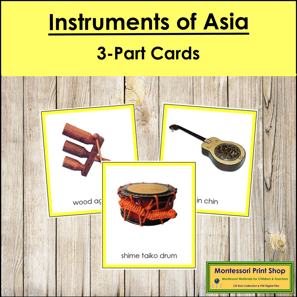 Musical Instruments of Asia 3-Part Cards (color borders) - Continent Cards