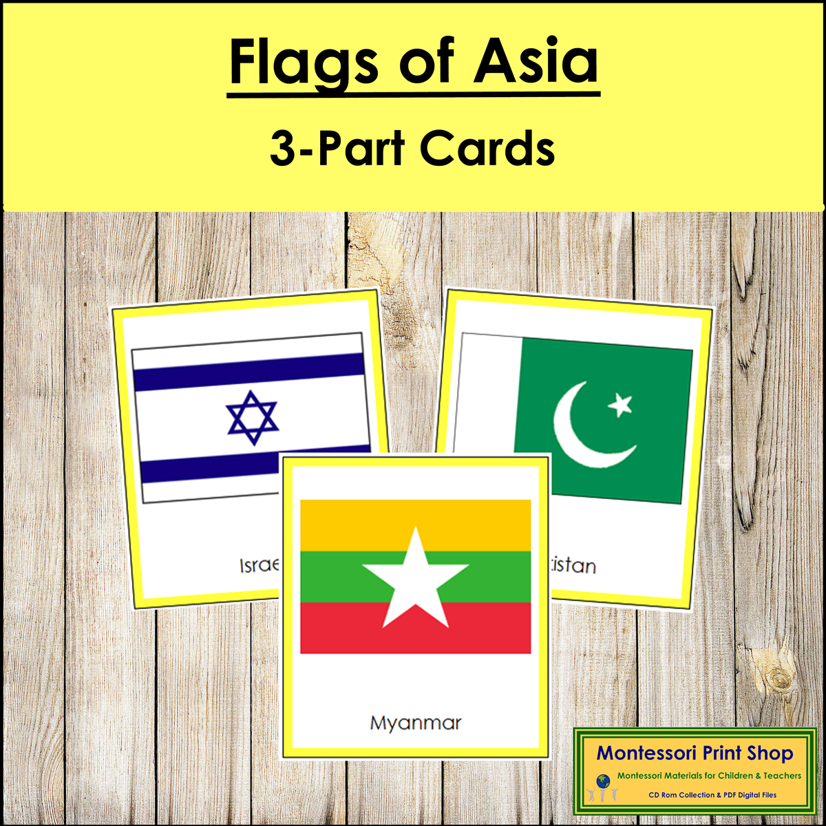 Flags of Asia 3-Part Cards (color borders) - Continent Cards