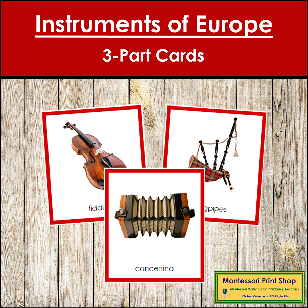 Musical Instruments of Europe 3-Part Cards (color borders) - Continent Cards