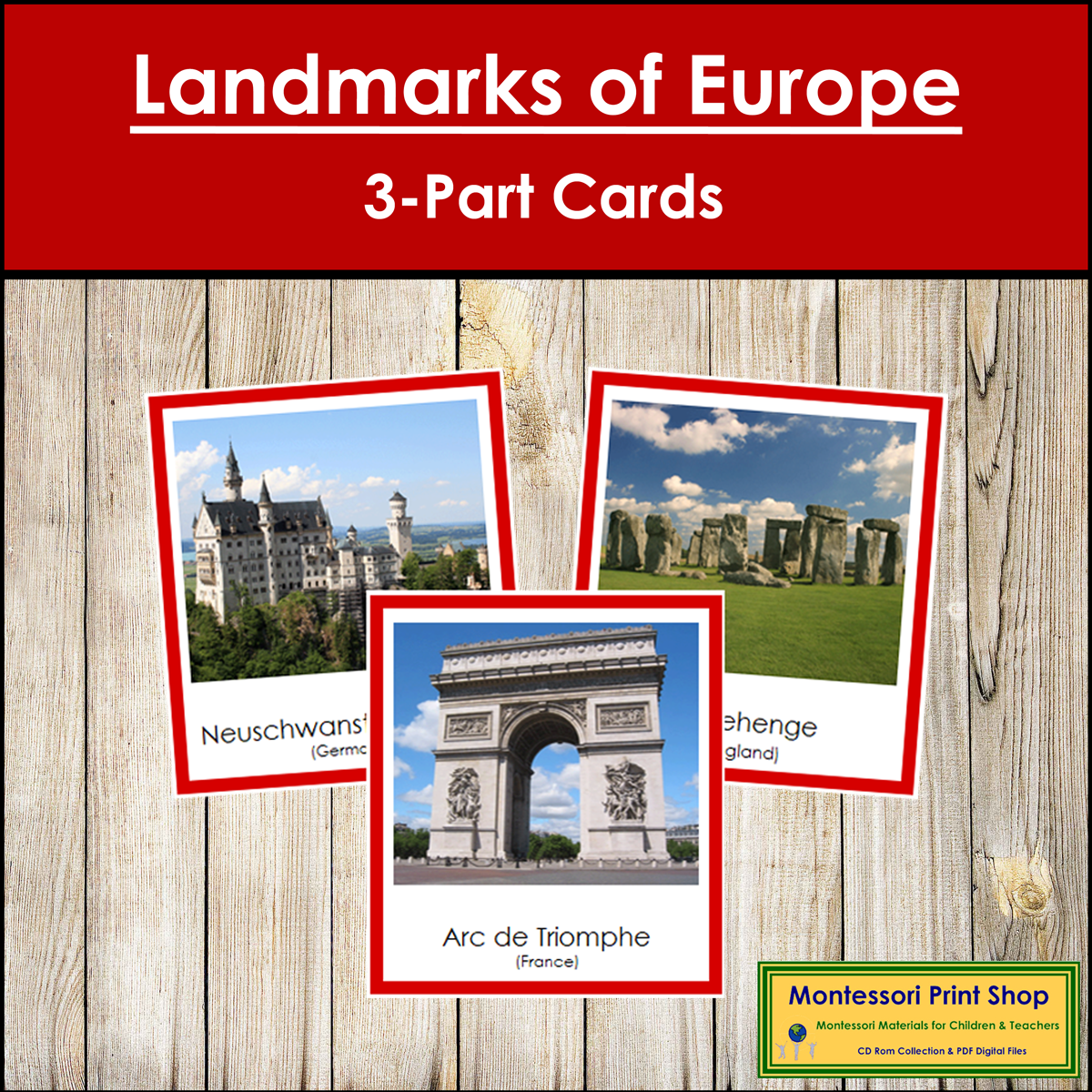 Landmarks of Europe 3-Part Cards (color borders) - Continent Cards