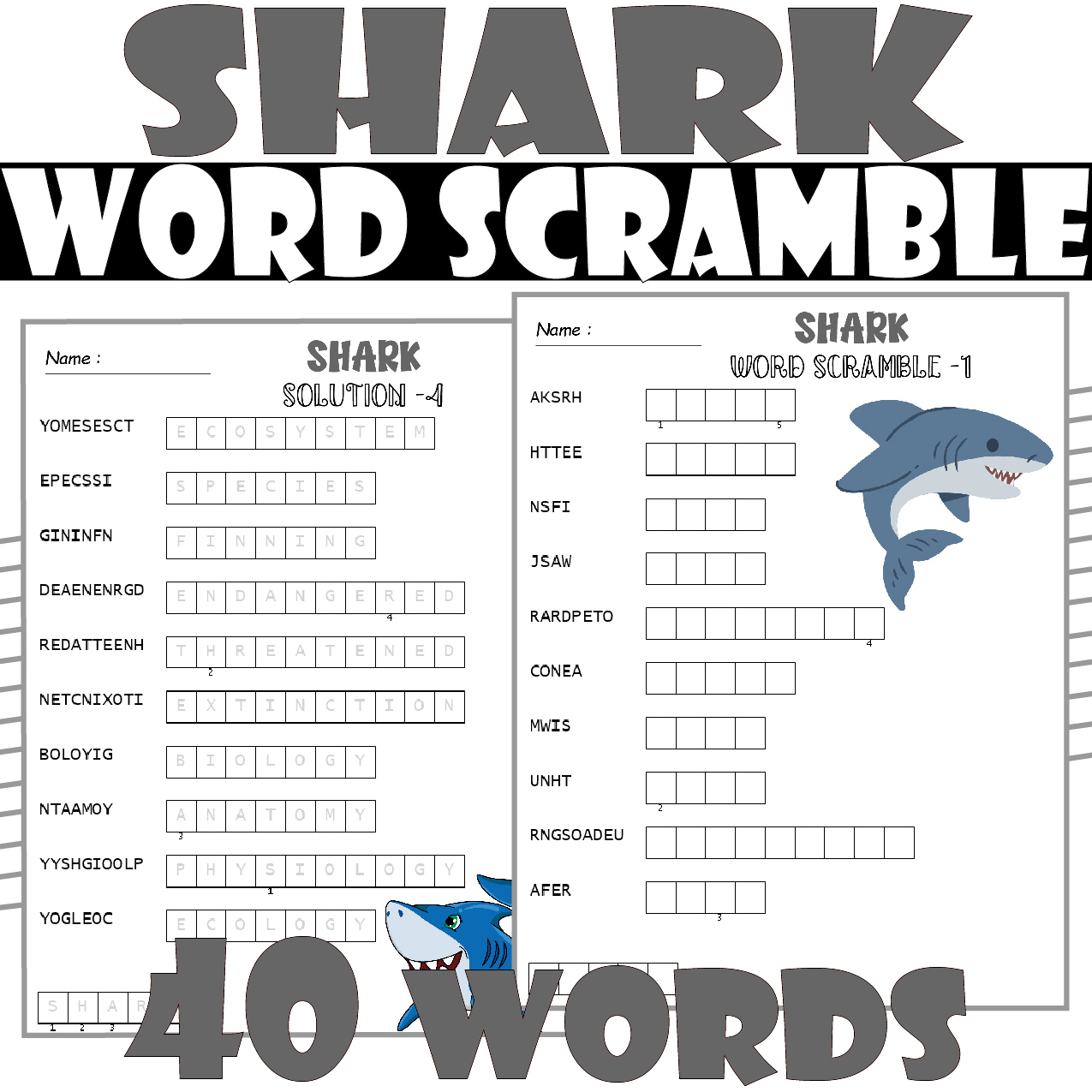 SHARK word scramble Puzzle , All about SHARK Word Scramble Activites