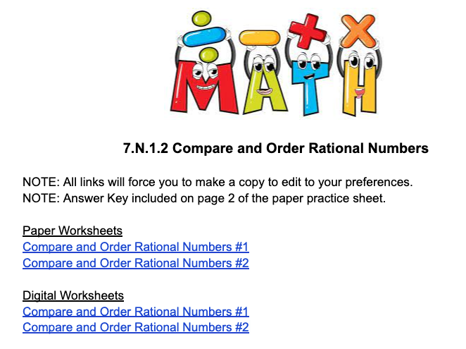 7th Math 7.N.1.2 Compare & Order Rational Numbers (Paper and Digital ...