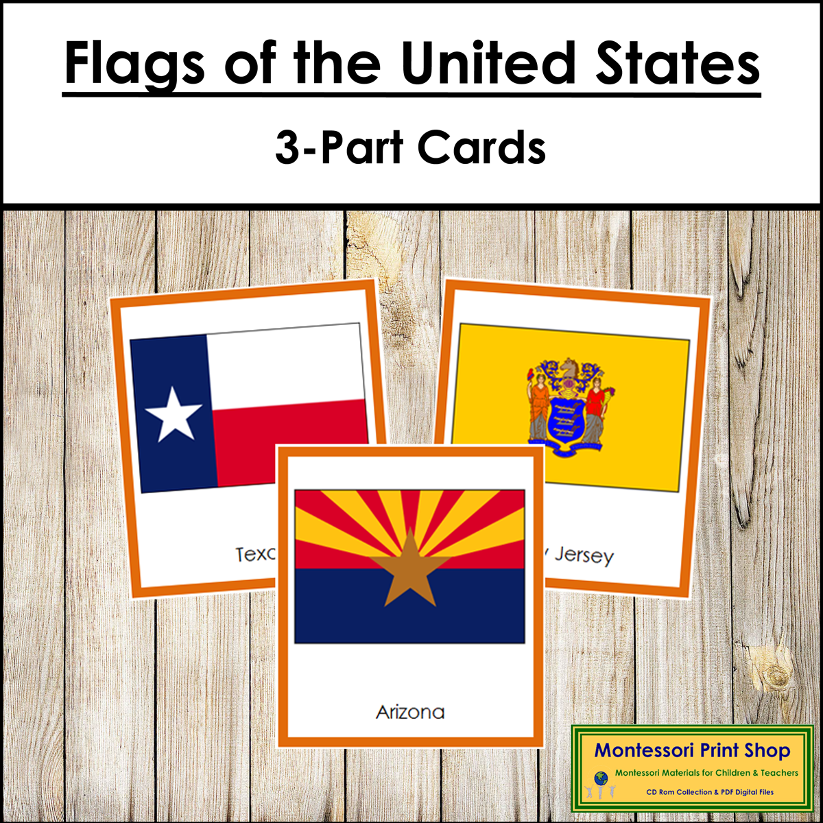 Flags of the United States of America 3-Part Cards (color borders) - Montessori Geography