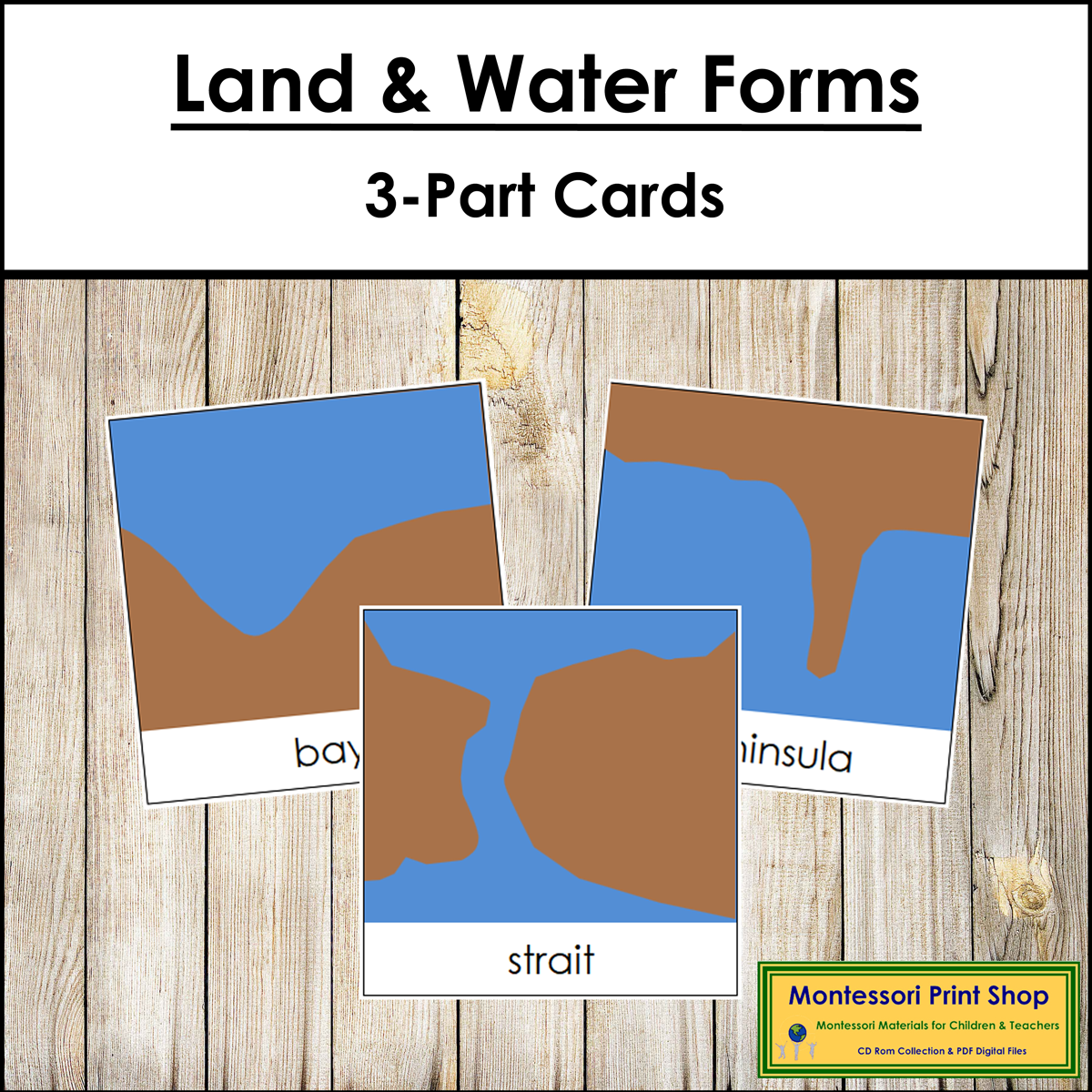 Simple Land and Water Forms 3-Part Cards (blue/brown) - Montessori