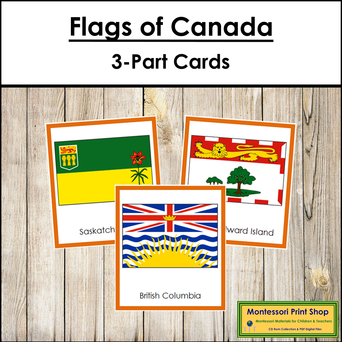 Flags of Canada 3-Part Cards (color borders) - Montessori Geography