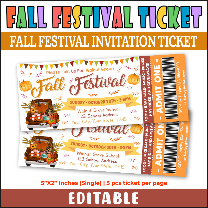 Editable Fall Festival Invite Ticket Template, Autumn Festival Party Invite Ticket