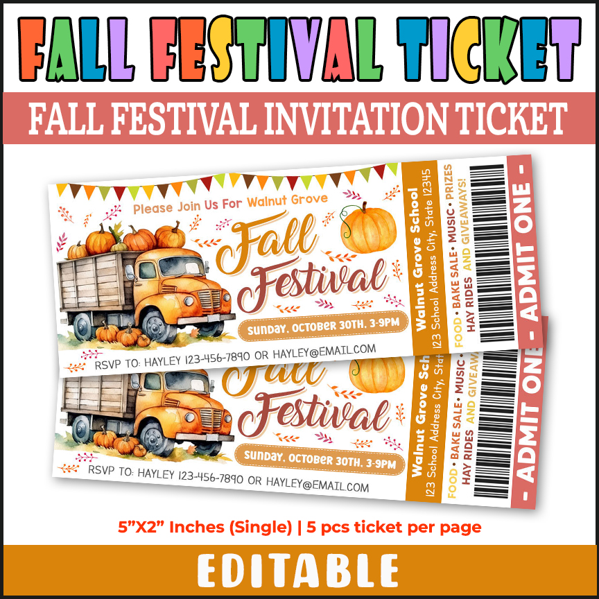 Customizable Fall Harvest Festival Ticket Invite, Fall Event Party Ticket Template