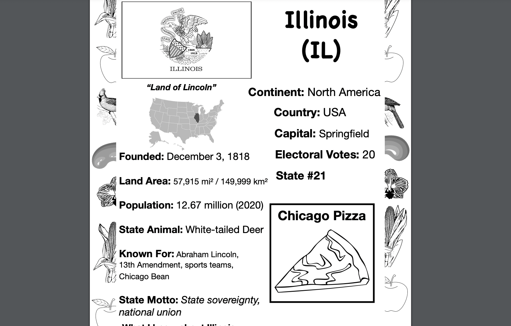 ILLINOIS, USA, Travel the World Worksheet
