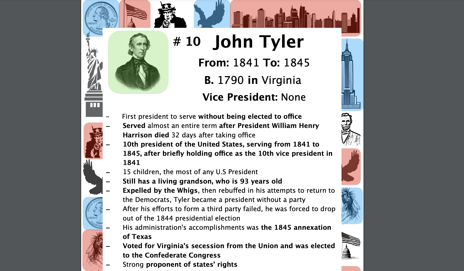 John Tyler STUDY GUIDE/ACTIVITIES/DISCUSSION, US Presidents 10
