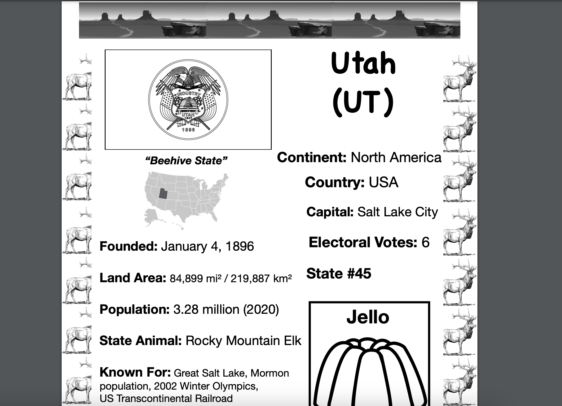 UTAH, USA, Travel the World Worksheet