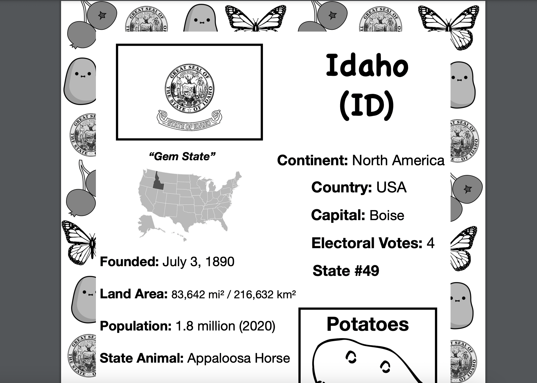 IDAHO, Travel the World Worksheet: USA