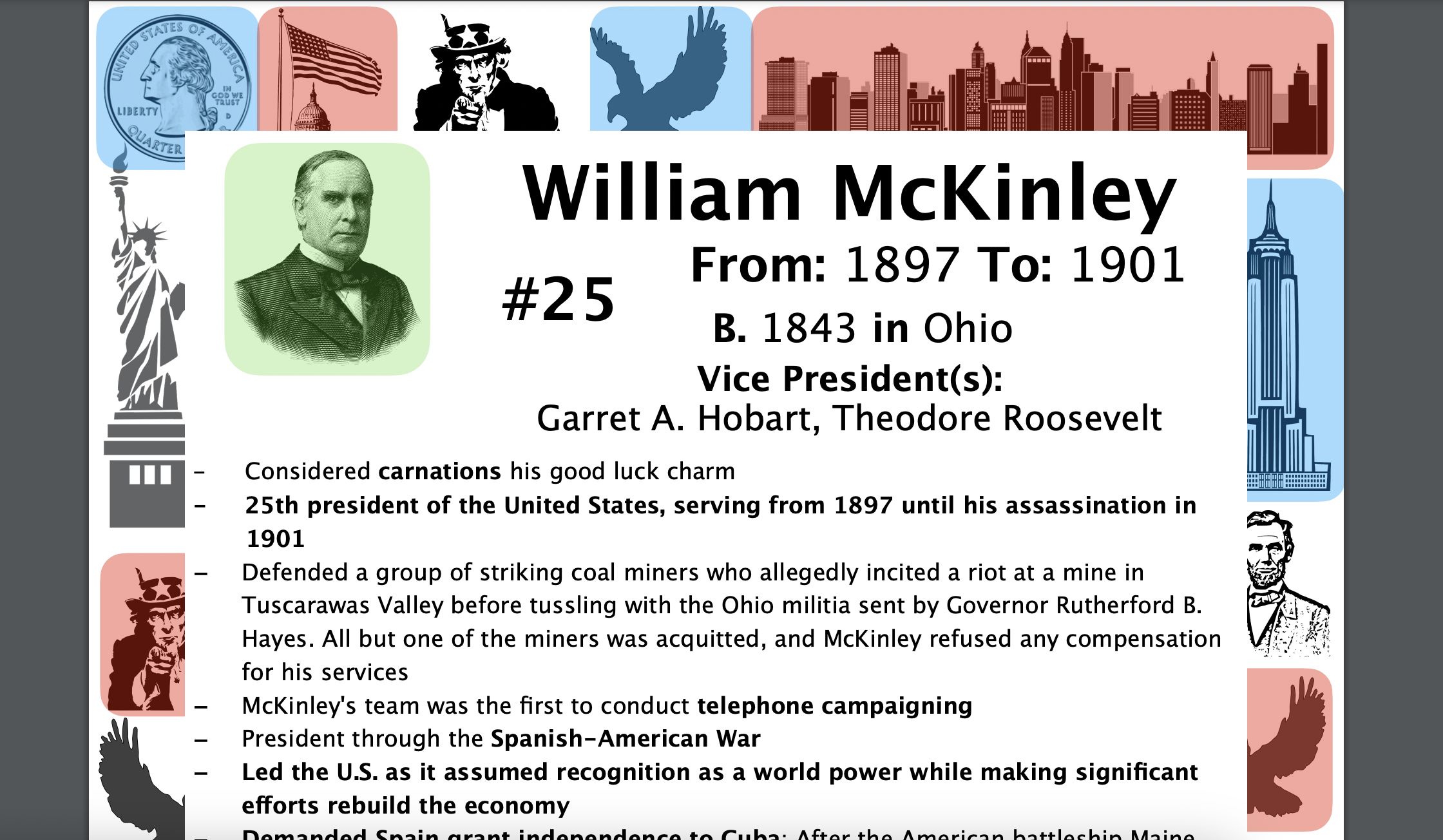 William McKinley STUDY GUIDE/ACTIVITIES/DISCUSSION, US President 25