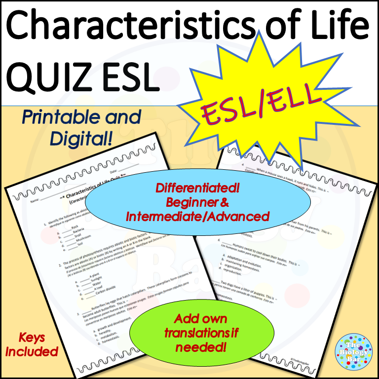 ESL Biology Characteristics of Life Quiz