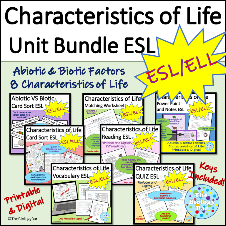 ESL Biology Characteristics of Life Unit Bundle