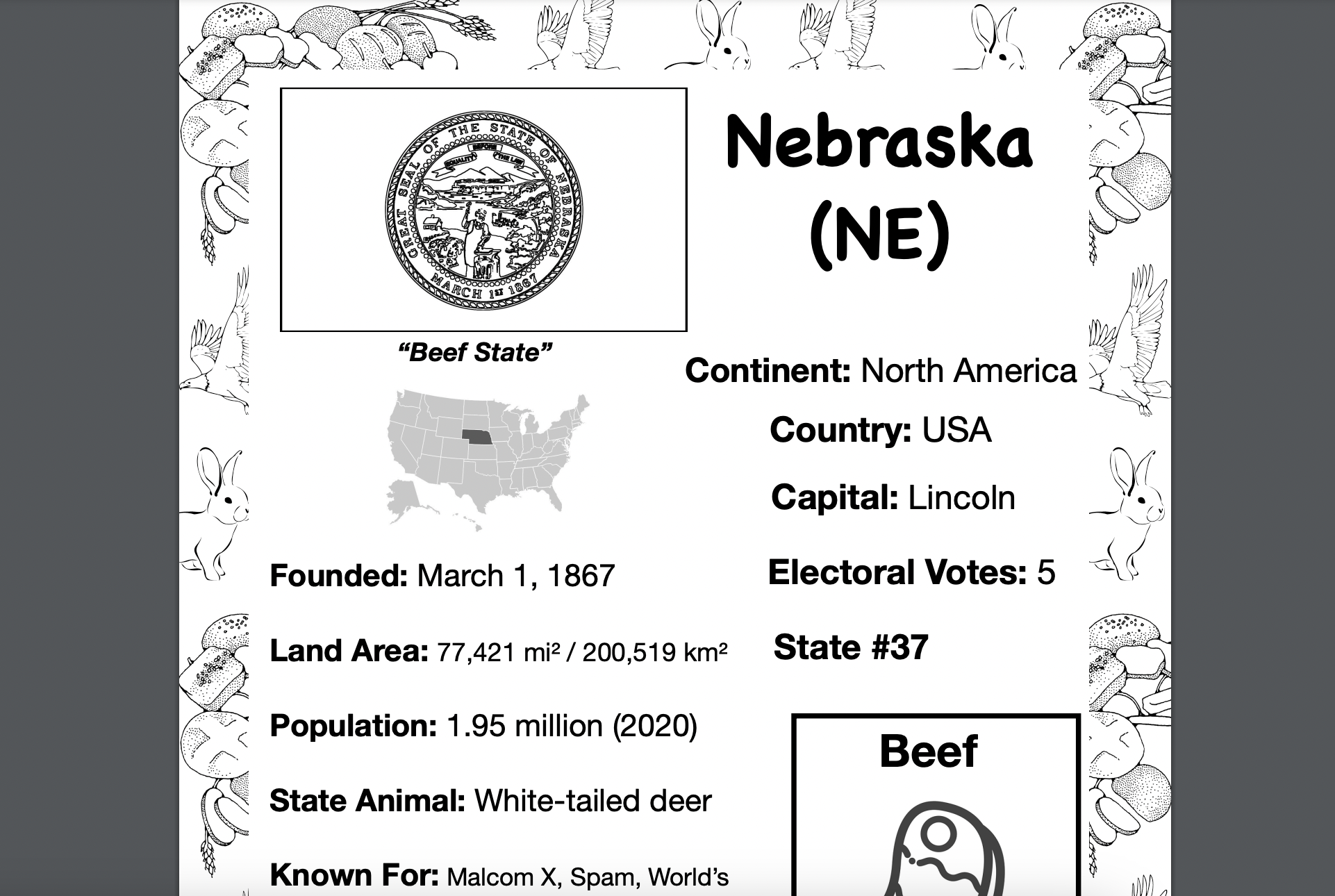 NEBRASKA, USA, Travel the World Worksheet