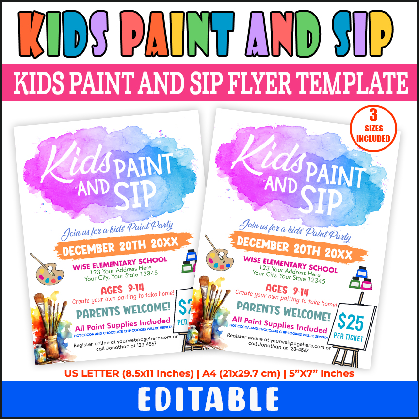 DIY Kids Paint and Sip Flyer Invite, Kids Paint Party Event Invitation Template