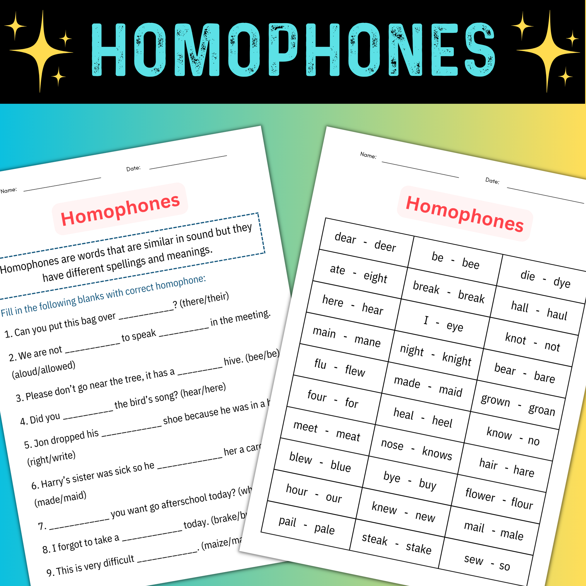 Homophones Grammar Worksheets and Activities for 2nd, 3rd, and 4th grade