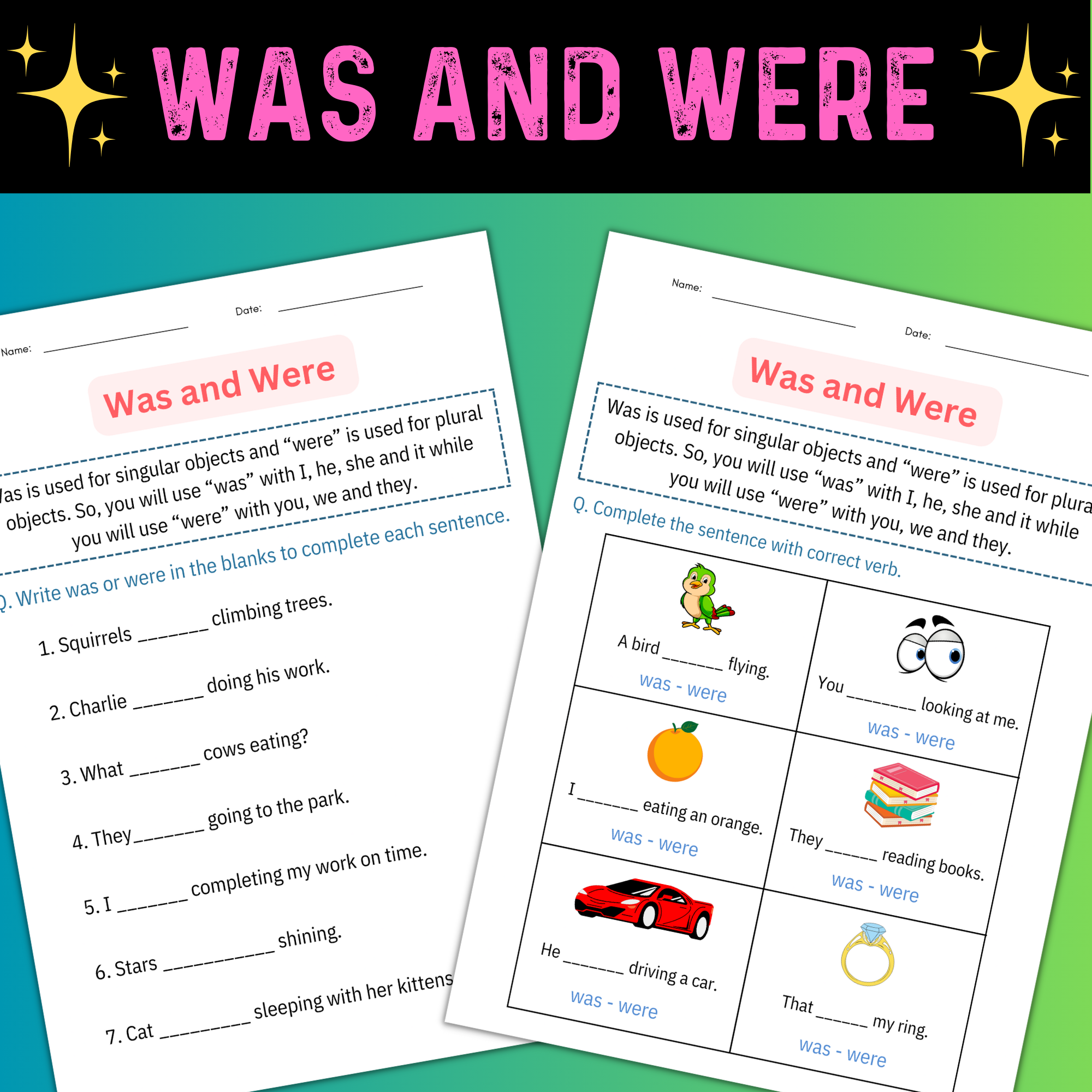 Printable Was and Were Grammar Worksheets and Activities for Being Verbs