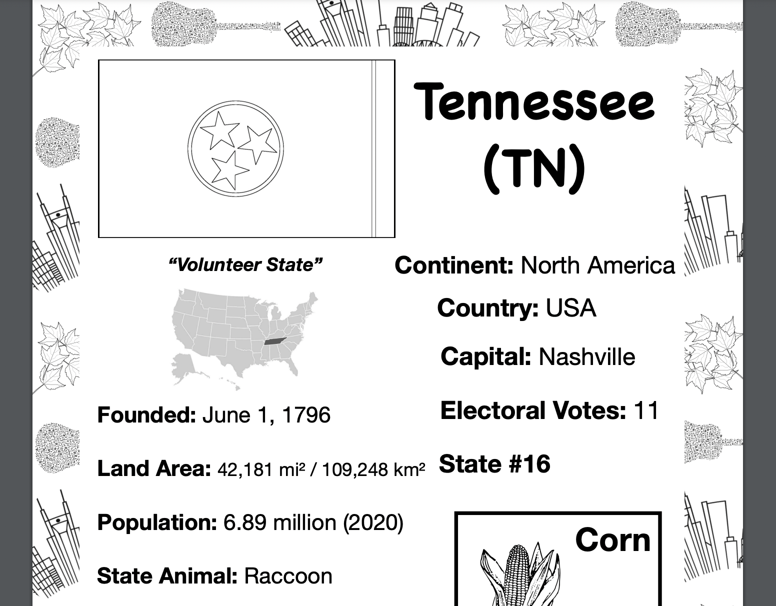 TENNESSEE, USA, Travel the World Worksheet