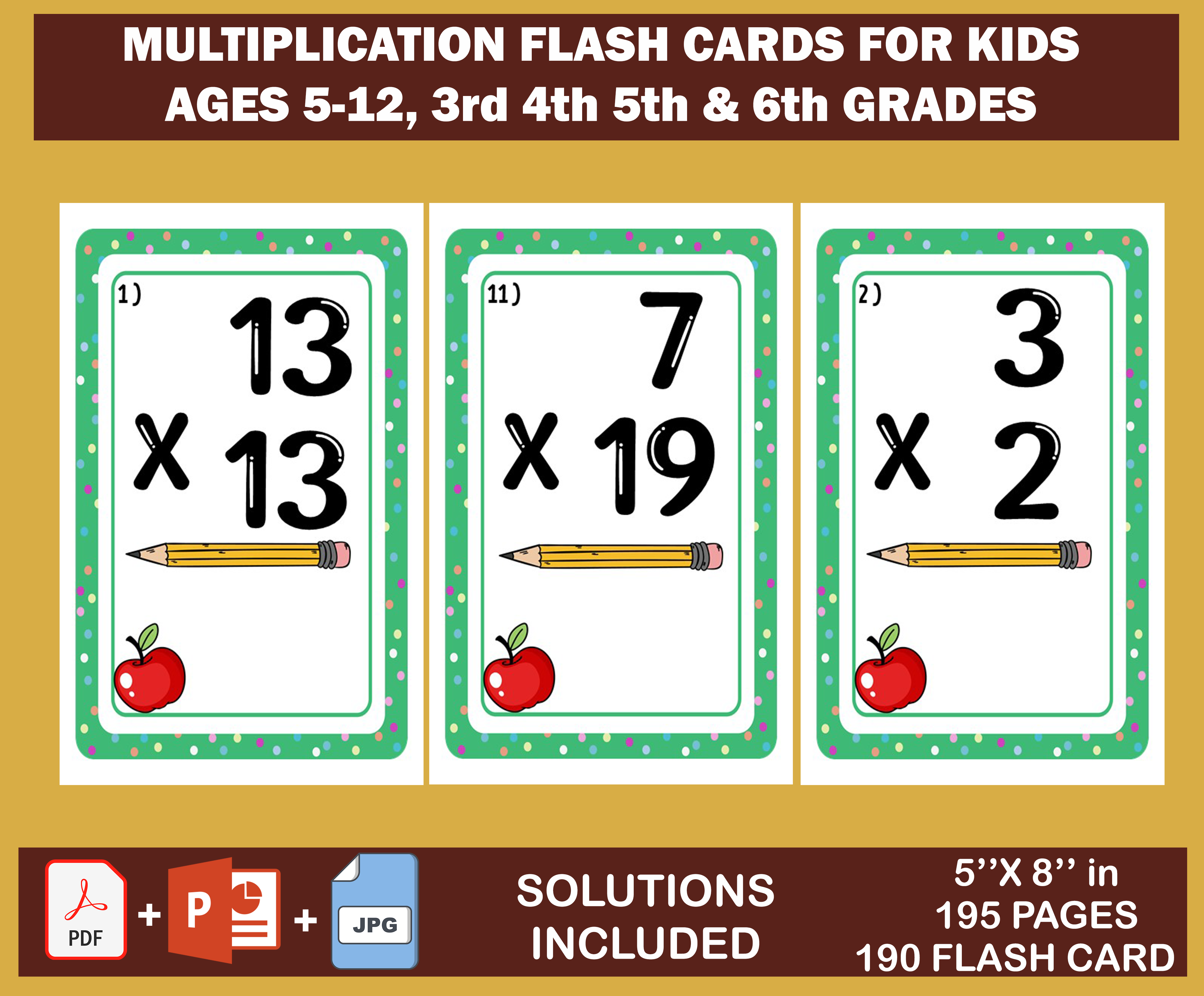 Multiplication Flash Cards For Kids Ages 5-12, All Facts 2-20 With Answers.