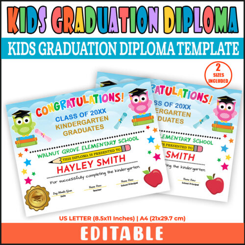 Editable Kindergarten Graduation Diploma | PreK, Daycare, Any Grade ...