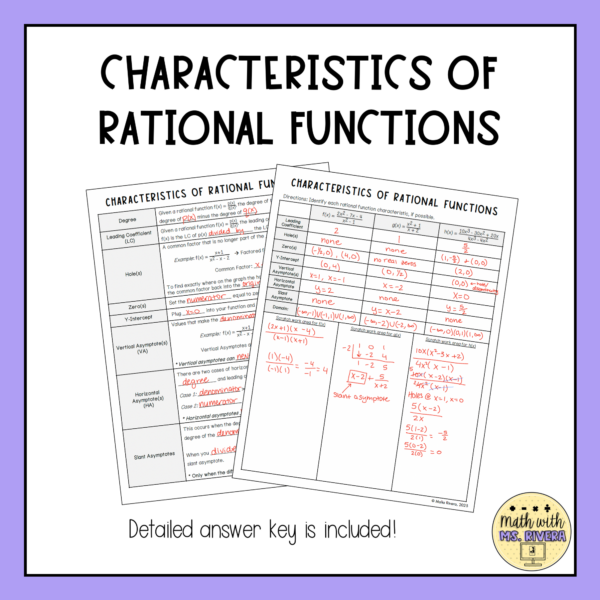 Characteristics of Rational Functions Guided Notes for Algebra 2 | Made ...