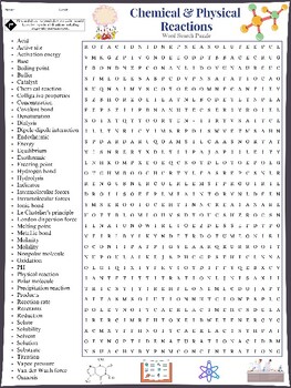 Physical and Chemical Reactions activities, Giant Word Search Puzzle Sciences