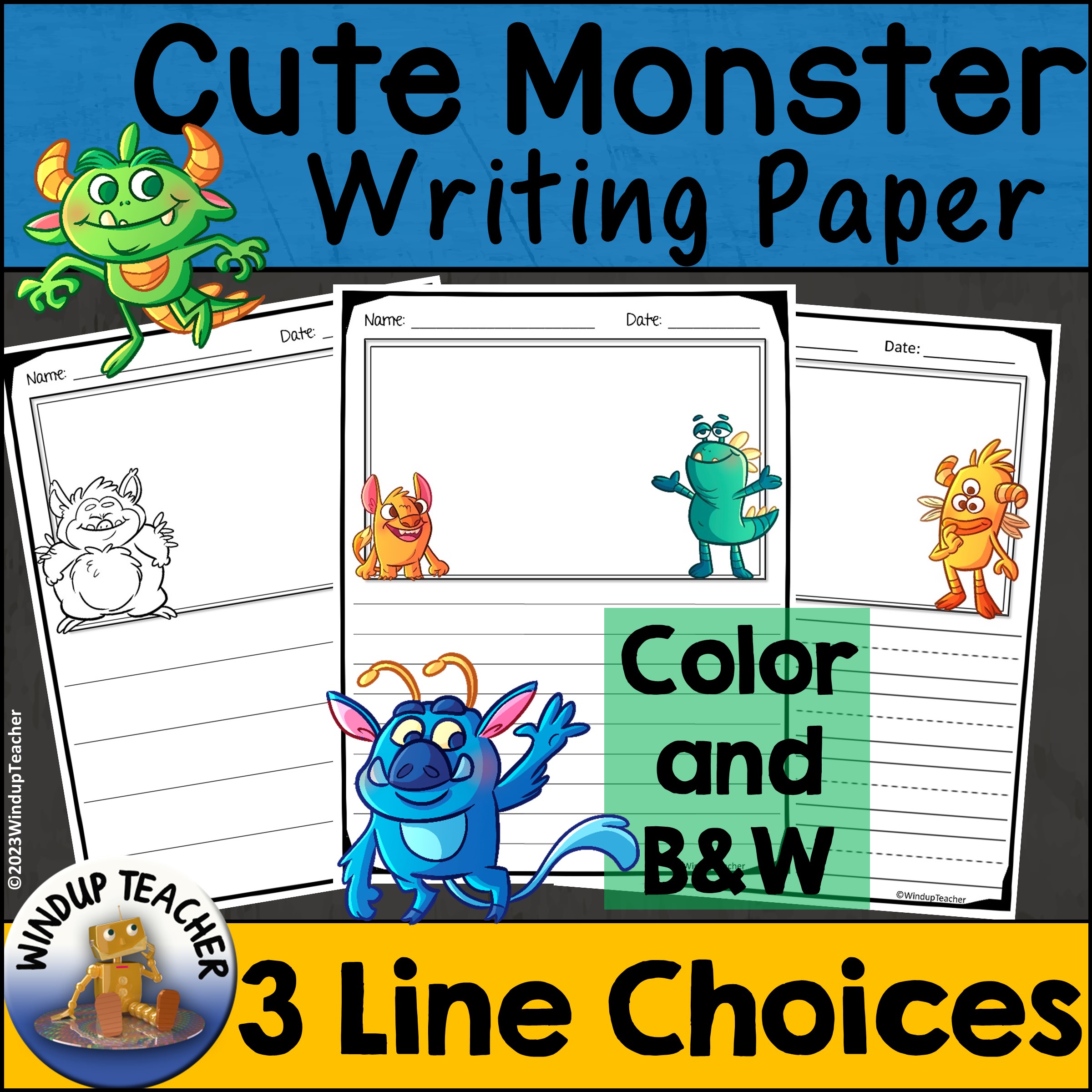 Halloween Writing Paper Cute Monsters in Color and B&W Differentiated Paper