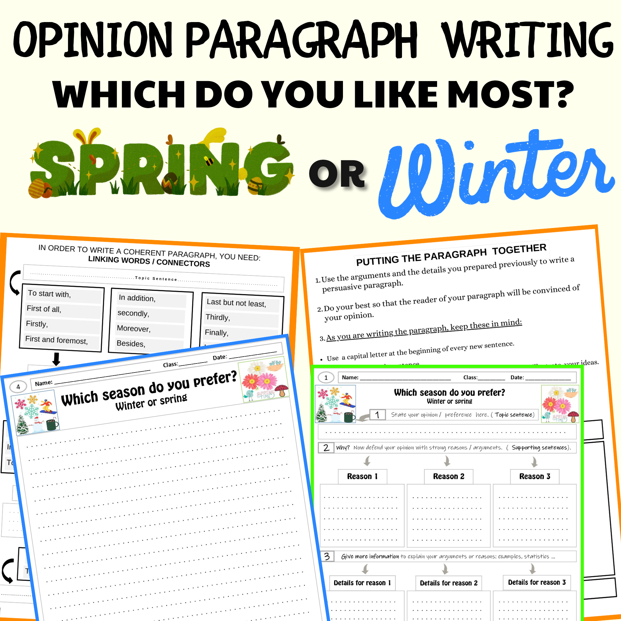 Spring Vs Winter Opinion Writing Prompts Graphic Organizers Activities No Prep