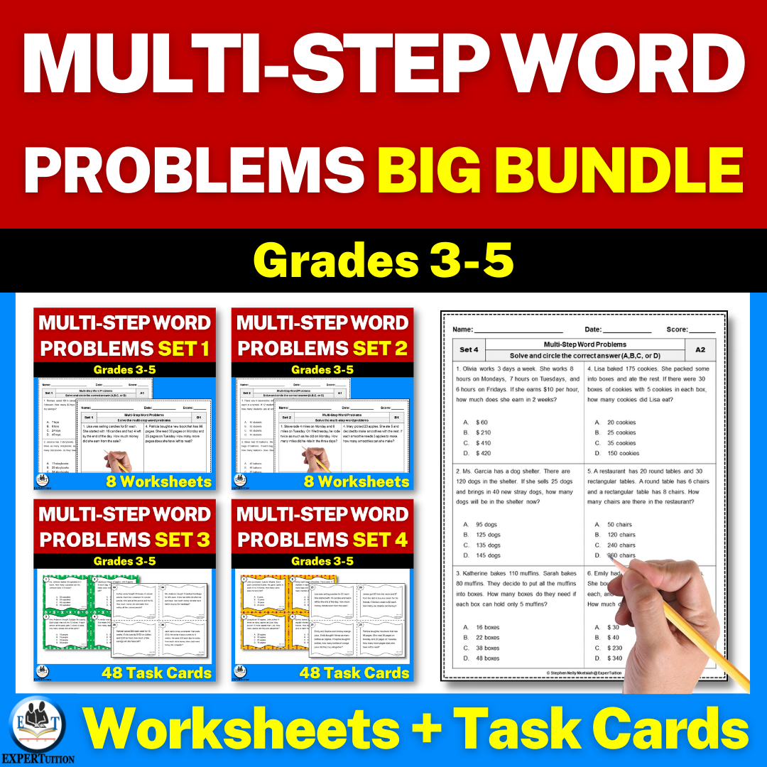 Multi-Step Word Problem Worksheets and Task Cards Bundle | All Operations
