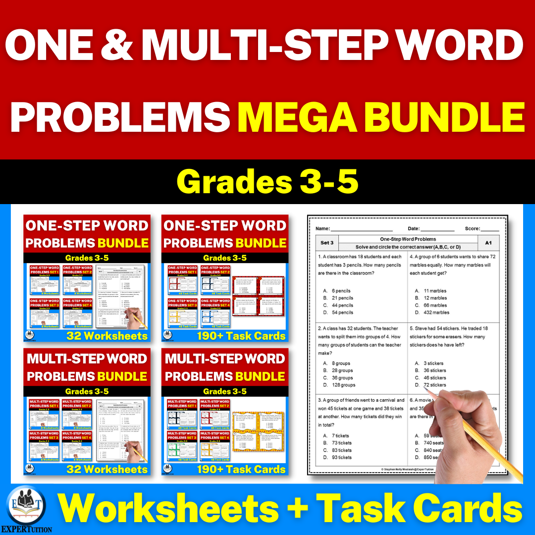 One-step and Multi-step Word Problems Worksheets and Task Cards Mega Bundle