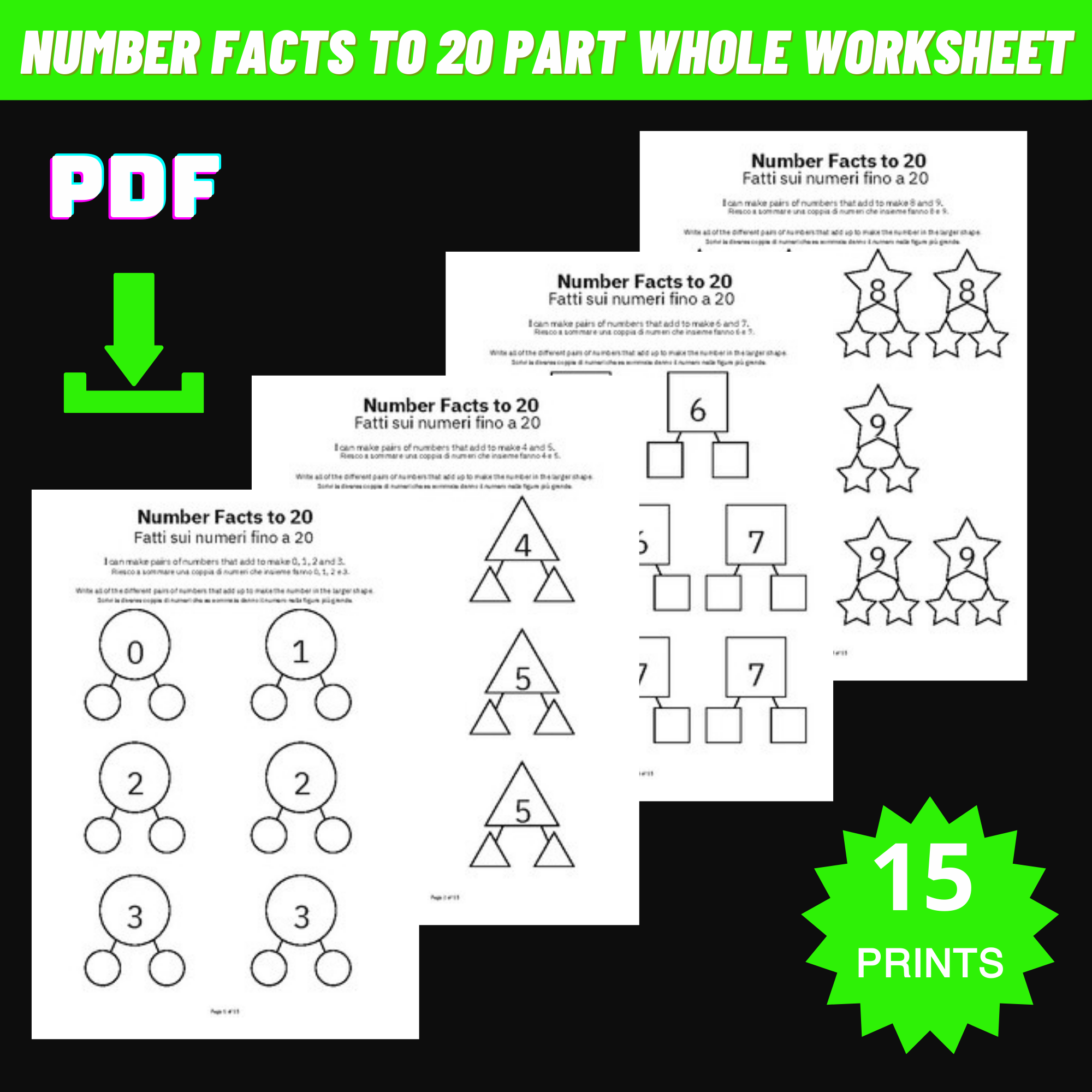 Number Facts to 20 Part Whole Worksheet Pack English/Italian.