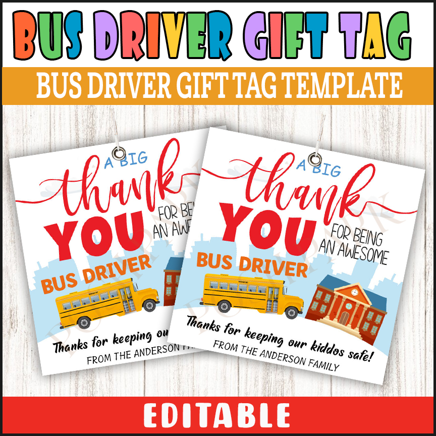 Customizable School Bus Driver Thank You Tag, Bus Driver Appreciation Gift Tag